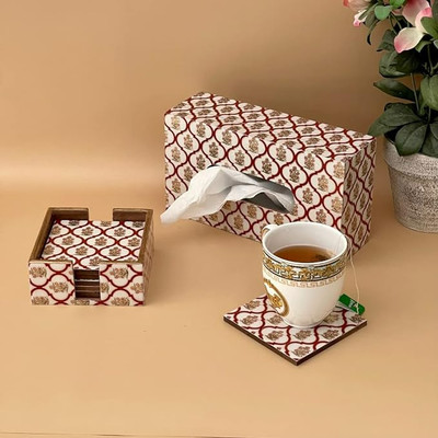 casagold 2 Compartments MDf Red & Gold Tissue Holder Box & Set of 6 MDF Wood Coaster Combo for Dining Room(Red, Gold)