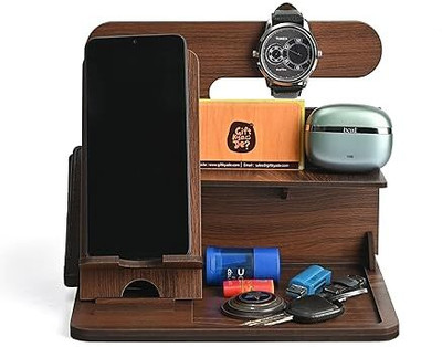 Handcrafto 6 Compartments Wood Desk Organizer (6 in 1) Mobile Stand Gift for Him Gift for Husband(Brown)