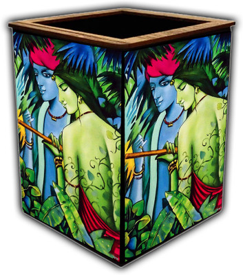 pnf 1 Compartments wooden Colourful Wooden Pen Stand with photo of Radha Krishna -4719(Multicolor)