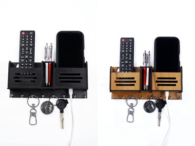 Tanunni 3 Compartments Wooden Key Holder Mobile Holder Remote Stand Pen Stand(Brown, Black)