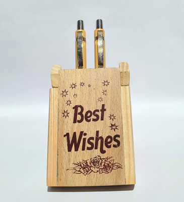 ViaZAID 2 Compartments Wooden Pen Stand with Watch & Two Wood Alike Glow Pen/ Desk Accessories PEN STAND(LIGHT BROWN)