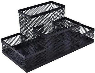 Peijinsart 4 Compartments Metal Pen Stand(Black)