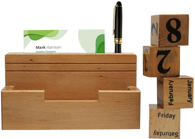 StarLaser 2 Compartments wooden Multipurpose Wooden pen holder with calendar & visiting cards holder for Office(Brown)