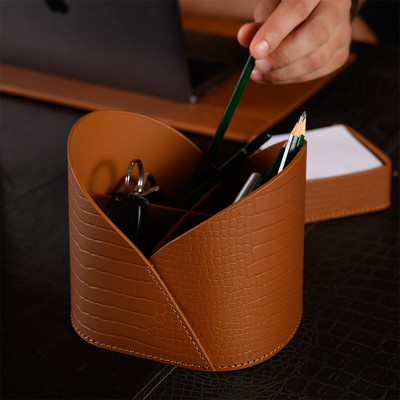 Three Sixty 4 Compartments Leather Desk Caddy(Tan)