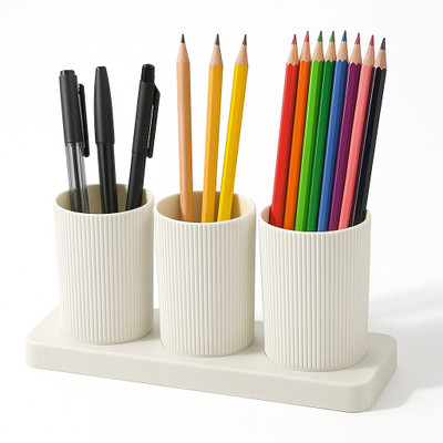 FIT 4 CHEF 3 Compartments Plastic Pen Stand(White)