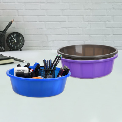 KUBER INDUSTRIES 3 Compartments Plastic Desk Organizer(Purple & Gray & Blue)