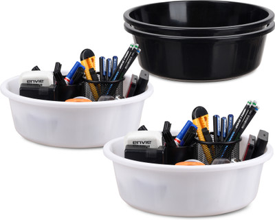 KUBER INDUSTRIES 4 Compartments Plastic Desk Organizer(Black, White)