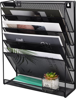 Harvic 6 Compartments Metal Wall File Holder Organiser Mesh Wall Mounted Magazine Paper Storage Rack(Black)