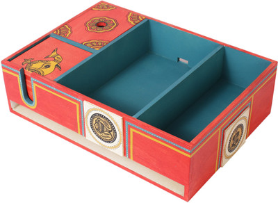 VarEesha 3 Compartments Wooden Pen Stand(Red)