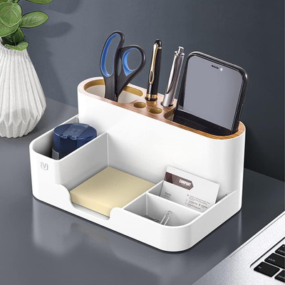 RABBONIX 8 Compartments Plastic Multipurpose Desk Organiser For Pen, Mobile, Sticky Note, Business Card, Remote(White)