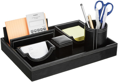 PANKU 6 Compartments Leather Desk Organiser(Black)
