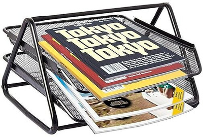 SkyFurnish 2 Compartments Metal Mesh 2 Layer File Organizer | Compact File Organizer for Office.(Black)