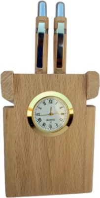 StrawHat 2 Compartments Wooden Pen Stand with Watch(Brown)