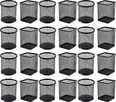 Novesto 12 Compartments Metal-Mesh, Bulk Pack of 12 Pen Stands-Round & Square Organizers for Office, School & Home(Black)
