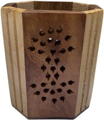 PineLife 1 Compartments Wood || Premium Wooden Pen and Pencil holder || Pen Stand with Design(Brown)