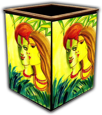 pnf 1 Compartments wooden Colourful Wooden Pen Stand with photo of Radha Krishna -12030(Multicolor)