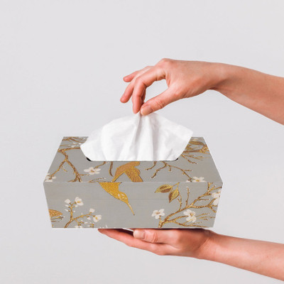 casagold 1 Compartments MDF Wood Resin Coated Bird Printed Tissue Box for Home, Kitchen, Car Tissue Holder(Grey, Gold, White)