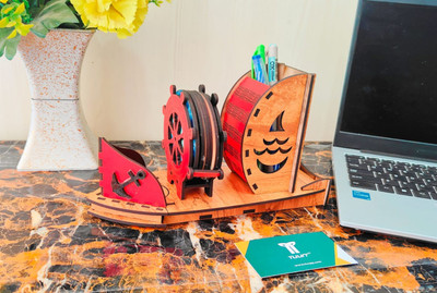 Radhya Creation 3 Compartments Wooden Pen Stand & Cutlery Stand with Coster / Desk Organizer / Stationary Item(Red, Brown)