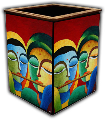 pnf 1 Compartments wooden Colourful Wooden Pen Stand with photo of Radha Krishna -2962(Multicolor)