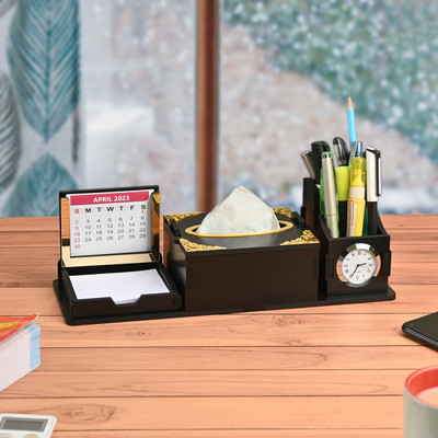 GIFT KYA DE 3 Compartments Wooden Mini Desk Organizer with Clock, Calendar & Tissue Box (Free Tissue Paper Refill)(Black)