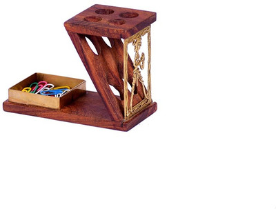 Olha-O 4 Compartments Bell Metal, Sheesham wood pen stand(Brown, Gold)