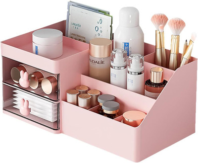 HOUSE OF QUIRK 10 Compartments Plastic Clear Drawer Cosmetic Storage Display Case--11.2X6.7X4.7 inch(Pink)