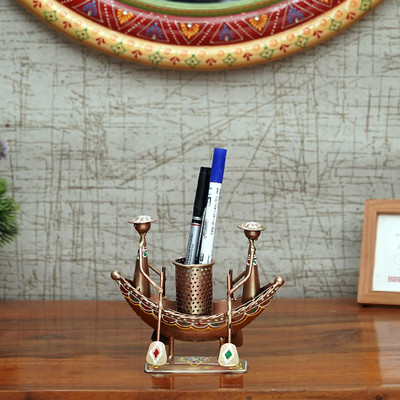 Craft Tree 1 Compartments Metal Metal Handpainted Decorative Boat Pen Stand Showpiece(Golden)