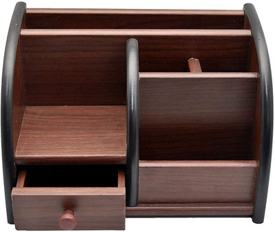 Rexmon 5 Compartments Wooden Pen/Pencil Stand with Drawer(Brown)