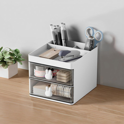 IMPRONOW 3 Compartments Abs Plastic Pen Stand Desk Organizer with 2 Drawers for Office & Stationery(White)