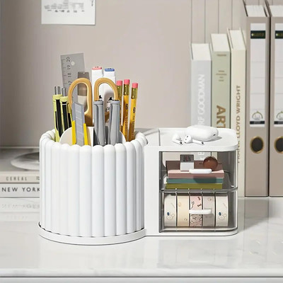 HOUSE OF QUIRK 9 Compartments Plastic Rotating Makeup Organizer With Drawer Cosmetic Display Case-23.5*10*13cm(White)
