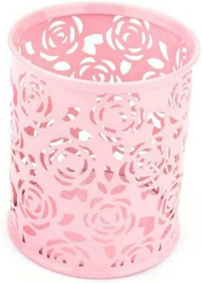 FRKB 1 Compartments Metal Light Pink Floral Design Stationery Pen Stand for Office Study Table(Pink)