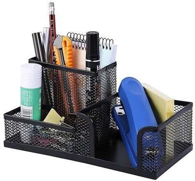 SkyFurnish 3 Compartments Metal Mesh 3 Compartment Metal Mesh Desk Organizer(Black)