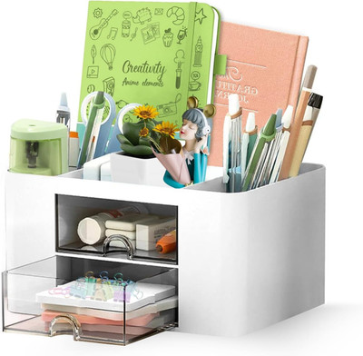 Benedict 5 Compartments Plastic Desk Organizer with 2 Drawers, Multi-uses Storage Organiser, Storage Box Plastic(White)