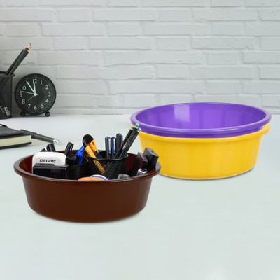 KUBER INDUSTRIES 3 Compartments Plastic Desk Organizer(Yellow & Purple & Brown)