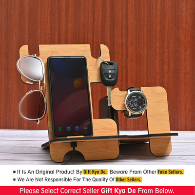 GIFT KYA DE 5 Compartments Desk Organizer (5 in 1) with Mobile Stand Gift for Him gift for Husband gift for Brother table organizer (Wooden Bamboo) (Eco Friendly)(Brown)