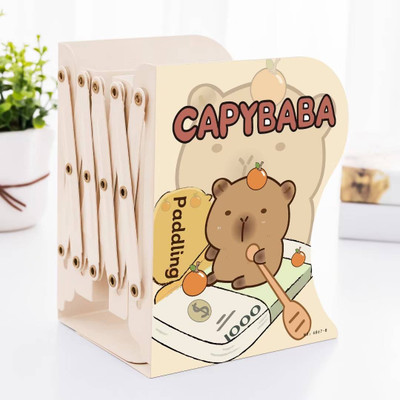 TUHI 3 Compartments Steel CAPYBABA Expandable Desktop Bookend Stand Holder Adjustable Book Rack (Paddling)(Cream)