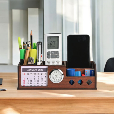 GIFT KYA DE 4 Compartments Wooden Desk Organizer With Calendar, Clock, Card & Pen Stand, Mobile & Remote Stand(Wood)