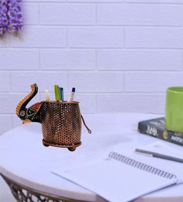 Indraj Premium Craft 1 Compartments Metal Handmade Elephant Design Pen Holder Desk Organizer for Office & Home Décor(Multicolor)