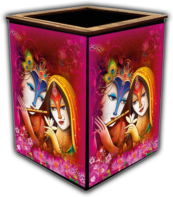 pnf 1 Compartments wooden Colourful Wooden Pen Stand with photo of Radha Krishna -13581(Multicolor)