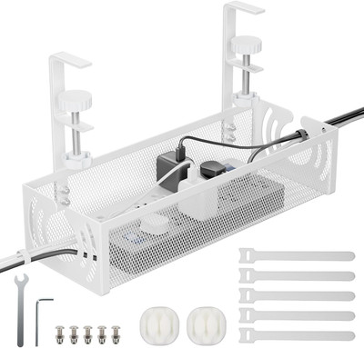 FITIX 1 Compartments Metal Under Desk Cable Management Tray, Metal Mesh Wire Organiser with Clamp Mount,(White)