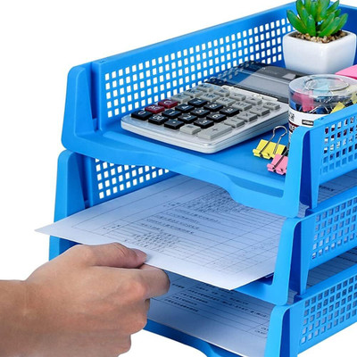 MOSHTU 3 Compartments Plastic File Holder File Organizer Plastic Multilayer Stackable A4 Filing Tray Office(Blue)