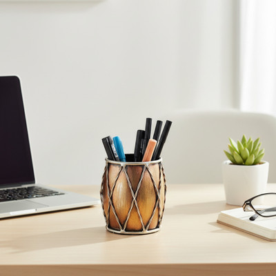 Bhavya Art and Craft 1 Compartments Iron, Handcrafted Wooden & Iron Drum-Shaped Pen Stand / Desk Organizer Pen Stand(Brown)