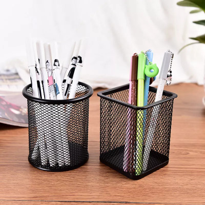 AL ATASH 1 Compartments Metal Mesh Pen Holder for Desk - Square And Round Metal Wire Organizer (Pack of 2)(Black)