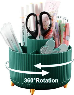 Nexvox 5 Compartments Plastic Organizer 360° Rotating Multipurpose Storage Desk Organizer Pen Stand(Dark Green)