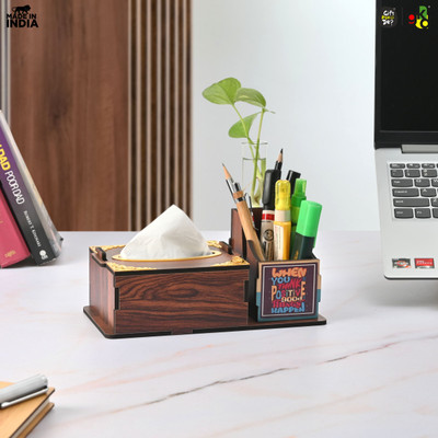GIFT KYA DE 3 Compartments Wooden Desk Organizer with Tissue Holder & Test Tube Planter New Year & Corporate Gifts(Dark Wood)