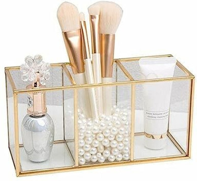 IAC Crafteriaaa 3 Compartments Glass, Metallic Frame Pen Holder | Pen Stand | Makeup brush Holder | Table Organizer(Gold)