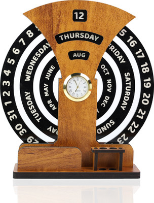 OCHHAV 2 Compartments Wooden Calendar With Desk Organizer And Clock - Premium Dark Wood Antique Look For Office And Home Decor,Eco-friendly Design And Table Desk, Decorative Gifts(Beige)