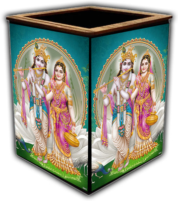 pnf 1 Compartments wooden Colourful Wooden Pen Stand with photo of Radha Krishna -22511(Multicolor)