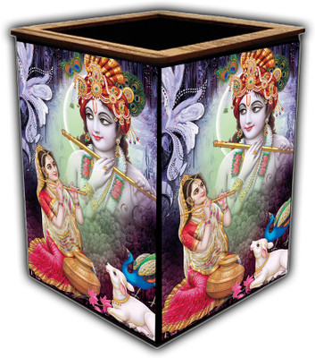 pnf 1 Compartments wooden Colourful Wooden Pen Stand with photo of Radha Krishna -4335(Multicolor)