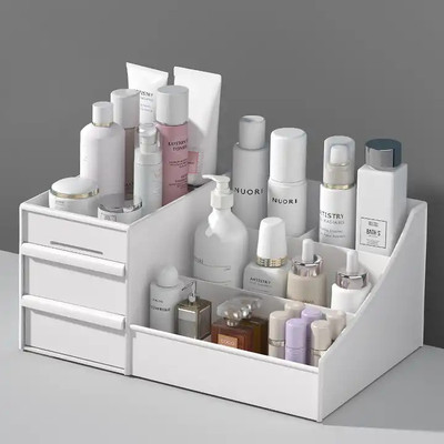 EMPIRE VALLY 7 Compartments Polyethylene (PE) Multi Grid Plastic Desktop Storage Cosmetic Organizer with 2 Drawer Vanity Box(White)
